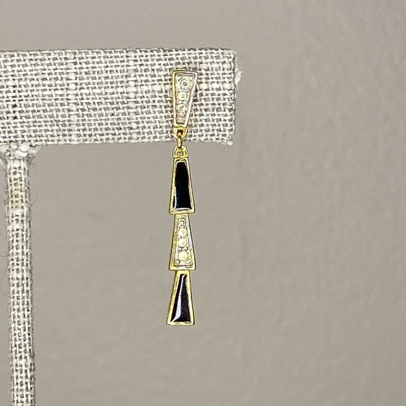 VTG Nina Ricci Goldtone Metal, Black Lacquer, and Rhinestones Dangle Earrings - Picture 3 of 6